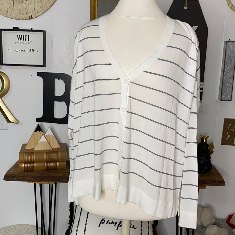 Eileen Fisher White and Gray Striped Cardigan